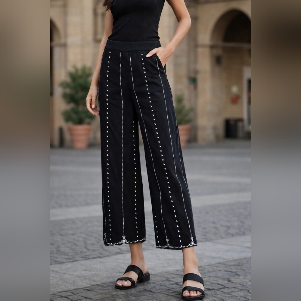 NWT W for Woman Black Embroidered Linen Cotton Palazzo Pants Wide Leg Boho.SZ 6